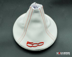 FIAT 500 Gear Shift Boot + Retaining Ring Set- White EcoLeather w/ Red Stitching + 500 Logo